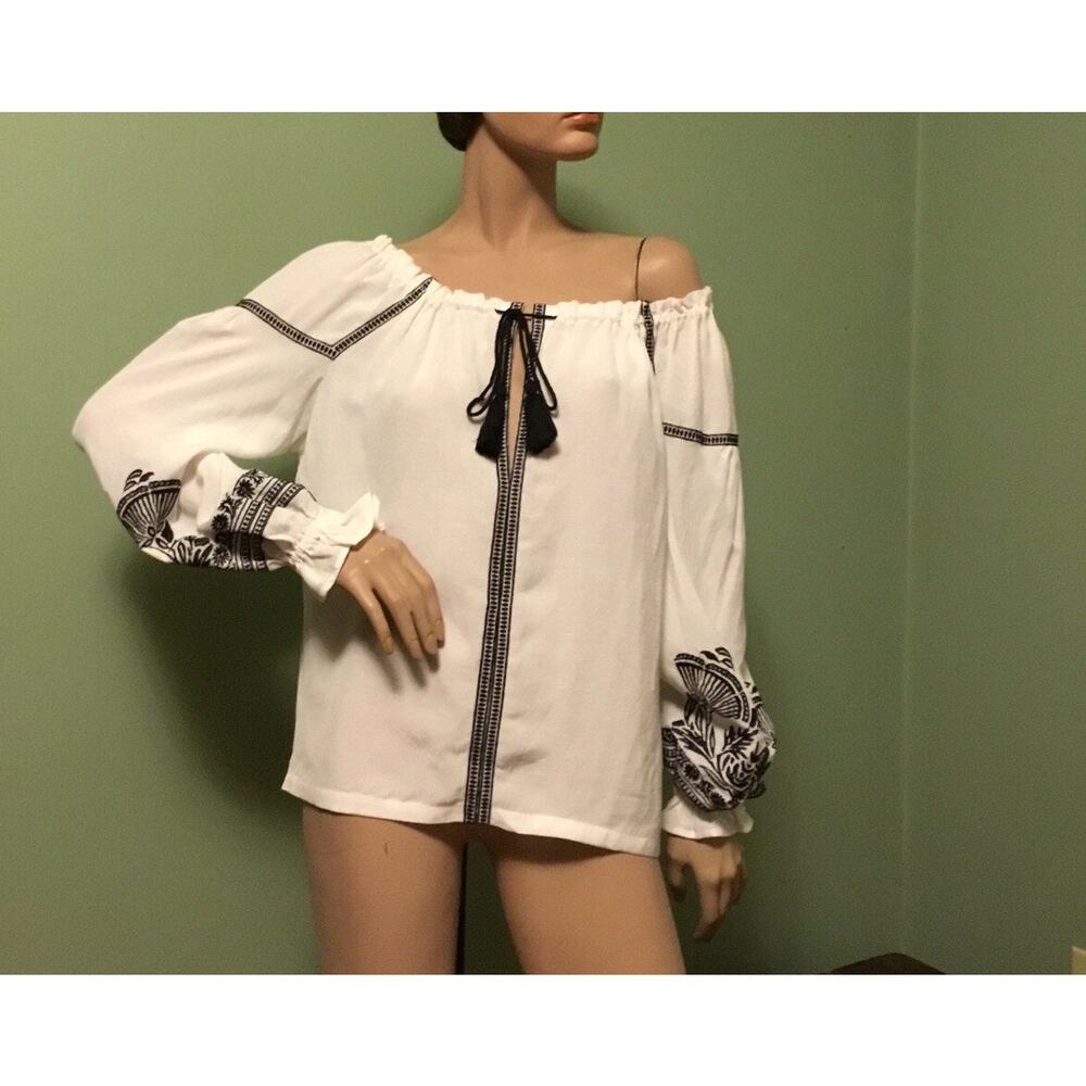 Maje Lioni Ecru Black Embroidered Linen Blend Peasant Blouse/Top Boho NWT $325